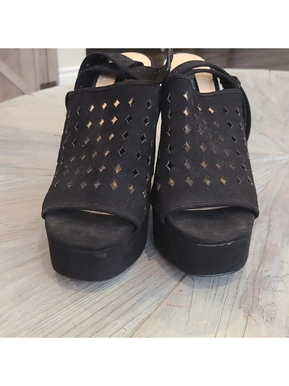 Zara Block Platform Heel Shoes Geometric laser cut Diamond pattern